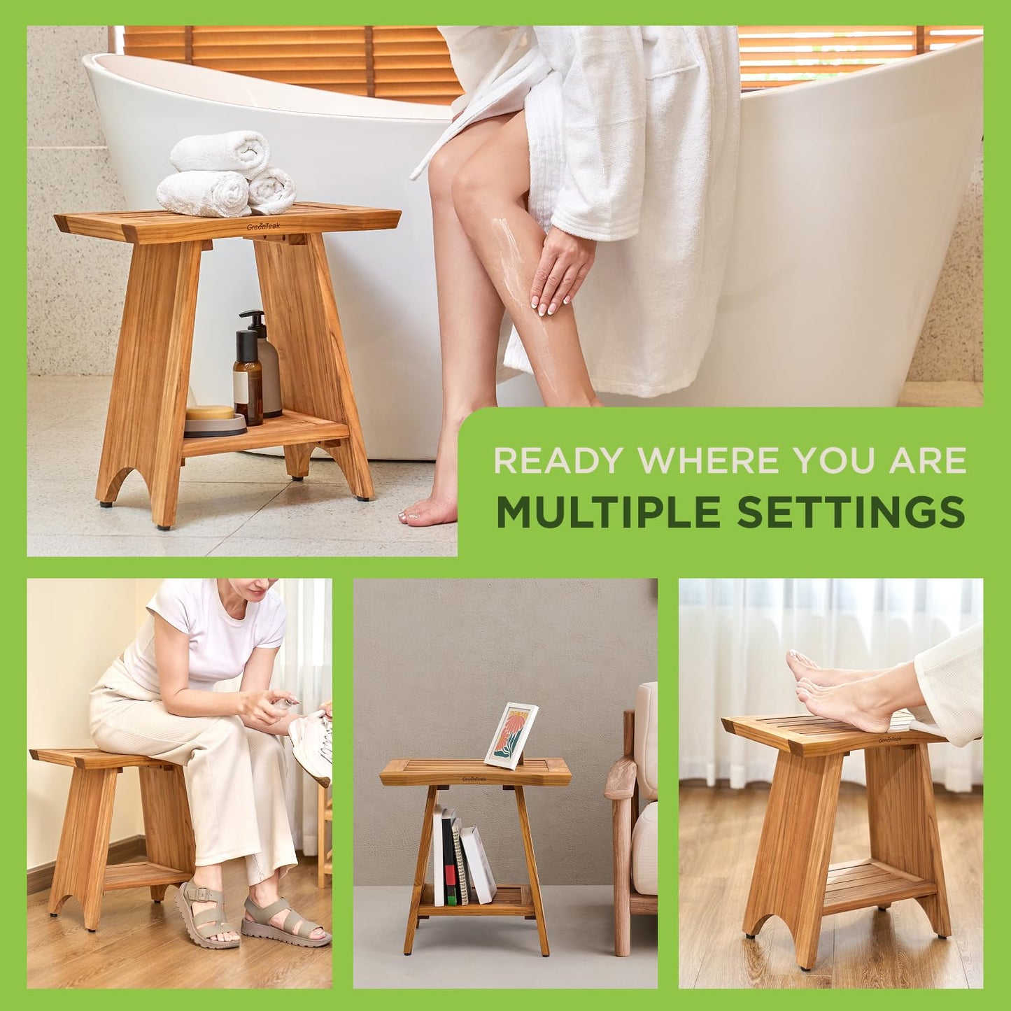 GREENTEAK Premium 18" Teak Wood Shower Bench, Waterproof Teak Shower Stool, Non-Slip Feet for Enhanced Safety, Spa Bath Seat for Bathroom, Indoor & Outdoor Use, 300 lb (Upgrade 18" 2-Tier, Straight)
