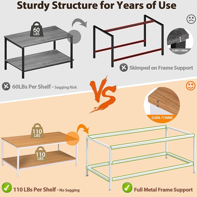 SUPER DEAL 2-Tier Coffee Table with Storage Shelf for Small Apartment Living Room, Rectangle Wood and Stable Metal TV Stand Side End Table, Natural Wood