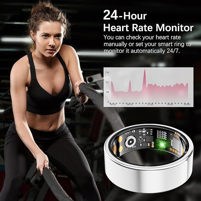 Ring Health Tracker for Women Men, Fit Ring with Heart Rate, Blood Oxygen, Sleep Monitor, Calories, Step Counter, IP68 Waterproof Smart Ring for iPhone & Android, No Subscription Fee (Silver, 7#)