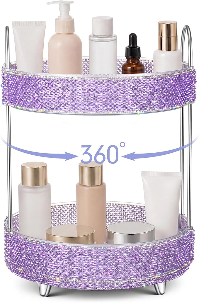 Honeydak 360 Rotating Perfume Organizer Gift for Women, Rhinestone Preppy Skincare Organizer Bathroom Counter Makeup Holder Skincare and Perfume Storage for Cosmetic(2 Tiers,Pearl,Purple)
