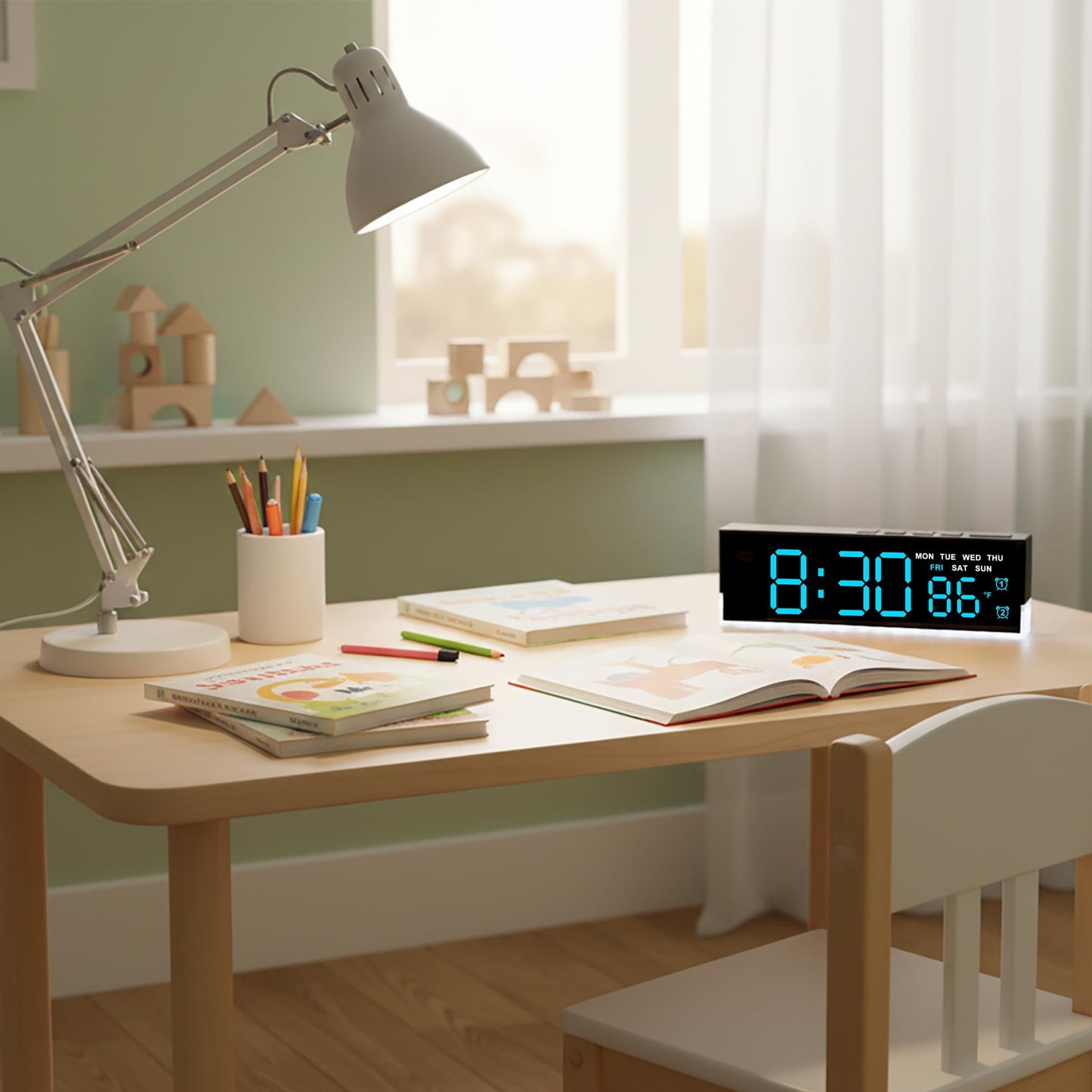 JENLYSTIME 7 Inch LED Digital Alarm Clock with Dual Alarms & Bottom Glow｜Displays Time, Date, Day, Temperature｜3-Level Auto/Manual Brightness, DST, USB or Battery Powered Modern Desk Clock (Blue)