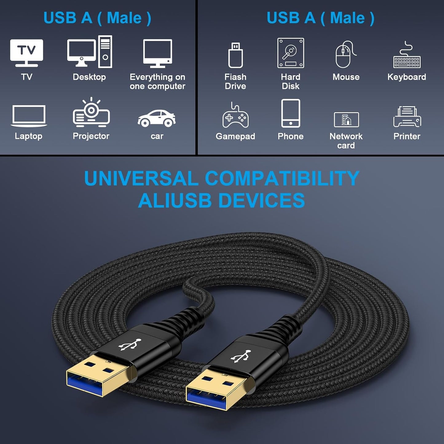 3.0 6 Bar,Monitor,USB3.0 Hub,Projector,Set USB A to A, FT, Male to Male Cable Double End USB Cord Data Transfer Cord
