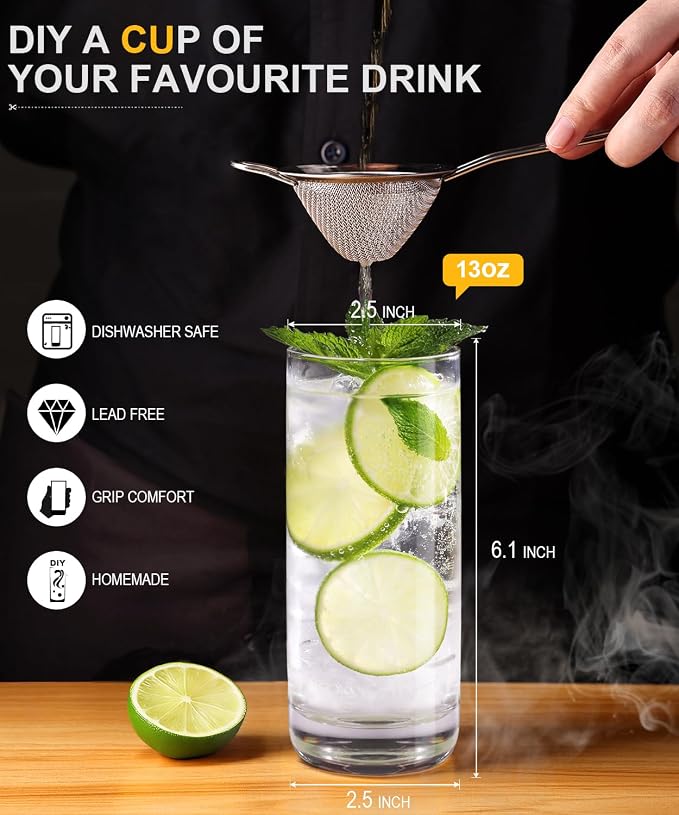 LUNA & MANTHA Drinking Water Glasses Set, Lead-Free Crystal Highball Glass, Tall Glass Cups for Cocktail Parties,Clear set of 6,13oz