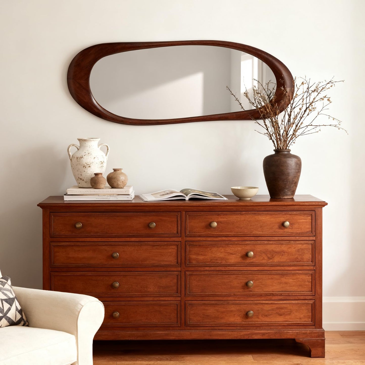 WallBeyond Asymmetrical Full Length Wooden Mirror, 22.5" x 63" Irregular Solid Wood Wall Mirror, Boho Decor for Bedroom Living Room Entryway, Mid-Century Modern, Dark Walnut