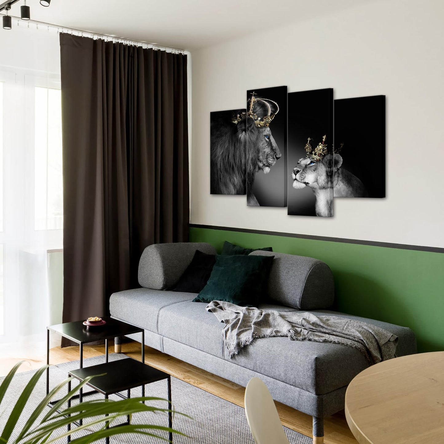 Large 4 Panel Wall Decor The Lion King and Queen with Crown Wall Art African Wild Animals Canvas Prints Pictures Black and White Modern Giclee Framed Artwork for Master Room Ready to Hang 48x33inch