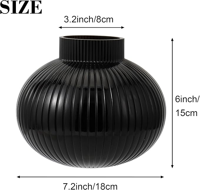 Black Glass Vase, Flower Vases for Bouquet, Ribbed Glass Vases for Flowers, Small Black Vase for Living Room, Office, Coffee Table, Shelf, Wedding, 6 Inches