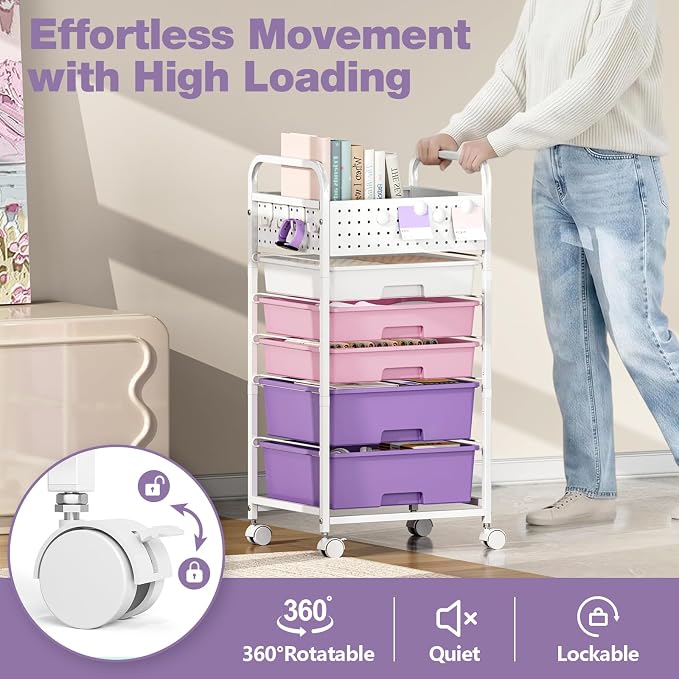 5 Drawer Rolling Storage Cart with Pegboard Top and Hooks, Mobile Organizer Cart with Wheels for Office Supplies, Craft Storage, Classroom Organization, Home Utility Cart, Dreamy Color