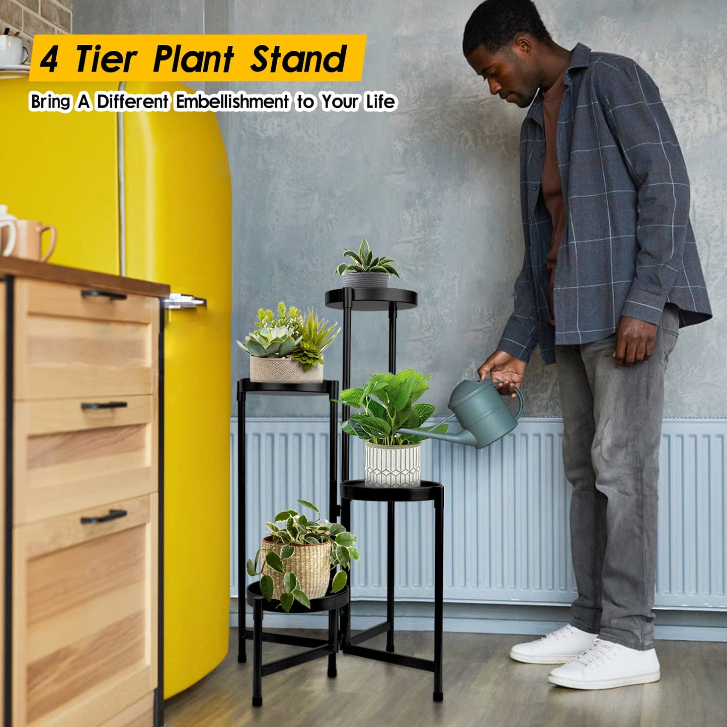 HOEGMST 4 Tier Plant Stand Indoor Outdoor, 31 Inch Tall Metal Plant Shelf Waterproof, Plant Holder with Folding Design For Home, Living Room, Black
