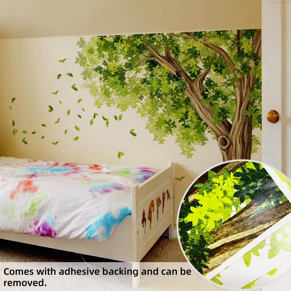 ZARROUEA Large Tree Wall Decals Green Big Tree and Falling Leaves Wall Stickers Peel and Stick Removable Wall Art Decals DIY Vinyl Green Trees Home Decor for Bedroom Kids Bedroom Sofa TV Background