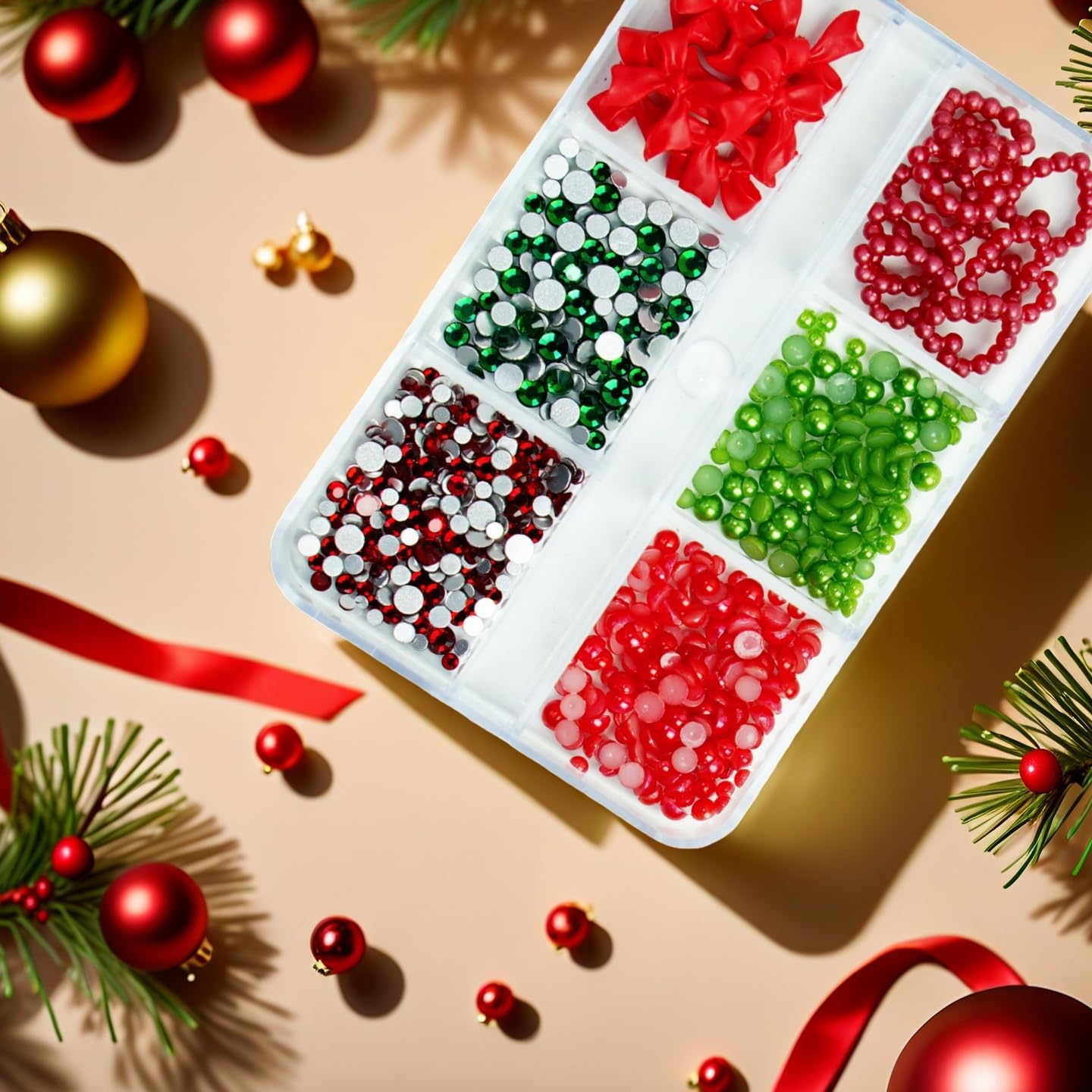 18Girds/2Boxes Christmas Nail Charms Colorful Mini Snowman Xmas Tree Nail Art Charms Reindeer Bell Nail Rhinestones 3D Resin Red Bow Heart Nail Diamond Green Half Round Beads Nail Gems for Women DIY