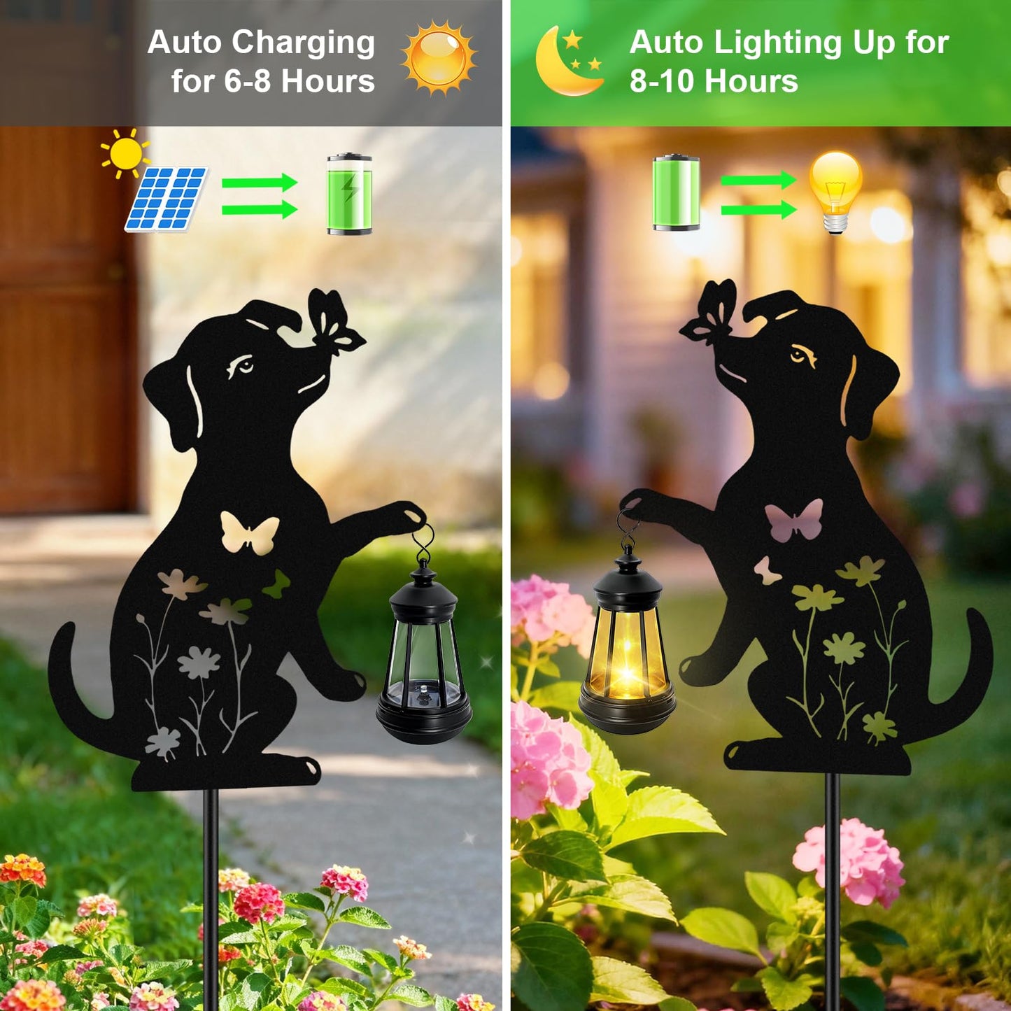 Dog Outdoor Solar Lantern Waterproof, Birthday Gifts for Christmas Women Mom, Solar Hanging Lights with Butterfly Metal Figurine, Garden Decor Outside Patio Yard Pathway Backyard Ornaments, 2 Pack