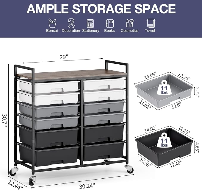 Rolling Storage Cart with 12 Drawers, Wooden Tabletop Utility Cart for Craft Storage, Art Supply Storage & Home Office Organization, Teacher Cart with Wheels for Classroom Organization, School (Grey)