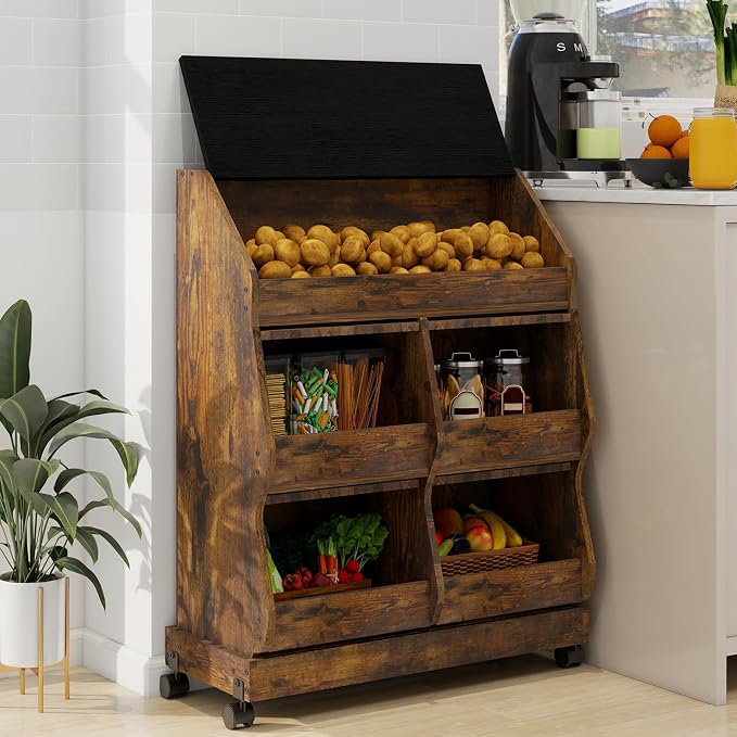 ARTETHYS Potato and Onion Storage Bin for Kitchen Large Potato Storage Box with Wheels 3 Tier Bread Container Holder with Lid and Grocery Section Decorative Vegetable Organization Cabinet for Kitchen
