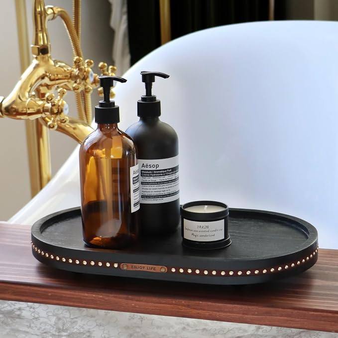 Decor Decorative Round Tray 11.81in for Home Decor for Coffee Table Farmhouse Kitchen Table Living Room Bathroom Centerpiece Tray Decor Oval Black