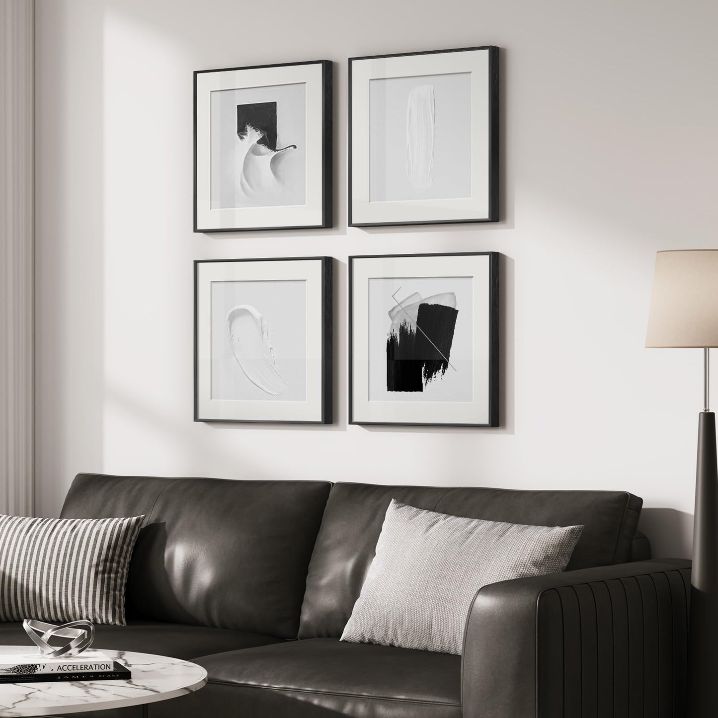 4 Panels Framed Abstract Black and White Wall Art Set, Modern Minimalist Line Print Home Decor, Canvas Pictures Paintings for Living Room Bedroom Bathroom Entryway and Dining Room 12x12 Inches