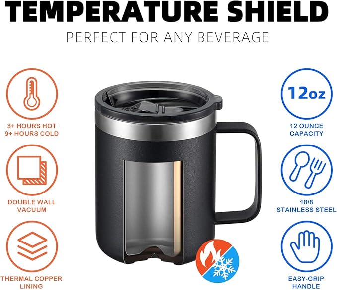 12oz Stainless Steel Insulated Coffee Mug with Handle, Double Wall Vacuum Travel Mug, Tumbler Cup with Sliding Lid, Black