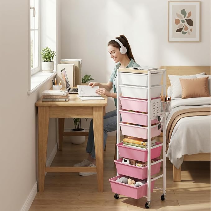 Rolling Cart with Drawers, Rolling Storage Cart with Large Plastic Drawers & Wooden Tabletop, Utility Cart with Pegboards & Basket, Storage Drawers Cart for Living Room, Classroom, Bedroom, Office