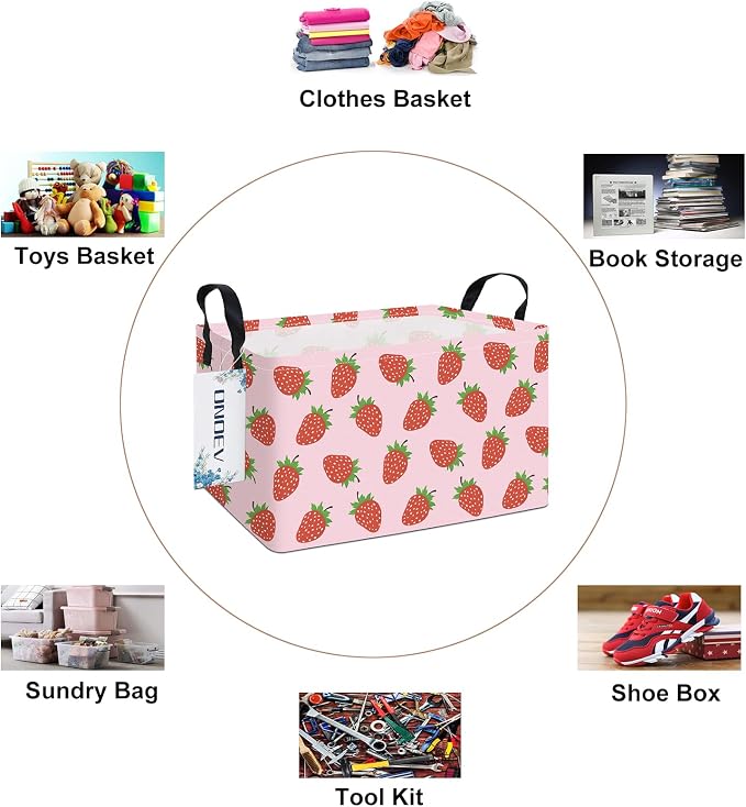 Rectangular Strawberry Pattern Storage Bin, Decorative Canvas Laundry Basket with Dual Handles, Foldable Household Toy Organizer, Multipurpose Party Gift Basket for Bedroom Dorm Closet