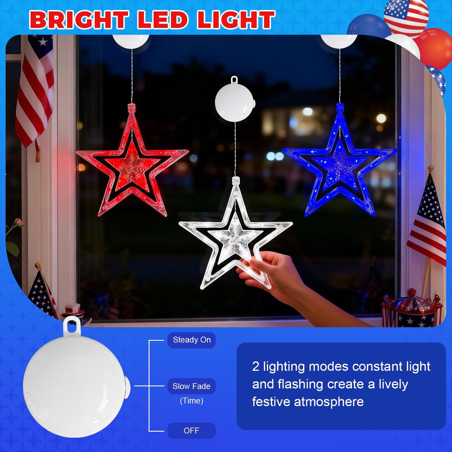 4th of July Window Lights with Timer, Red White Blue Star Lights Battery Operated with Suction Cup Hook, LED Hanging Patriotic Decor for Memorial Day Independence Day Home Room(Red White Blue)