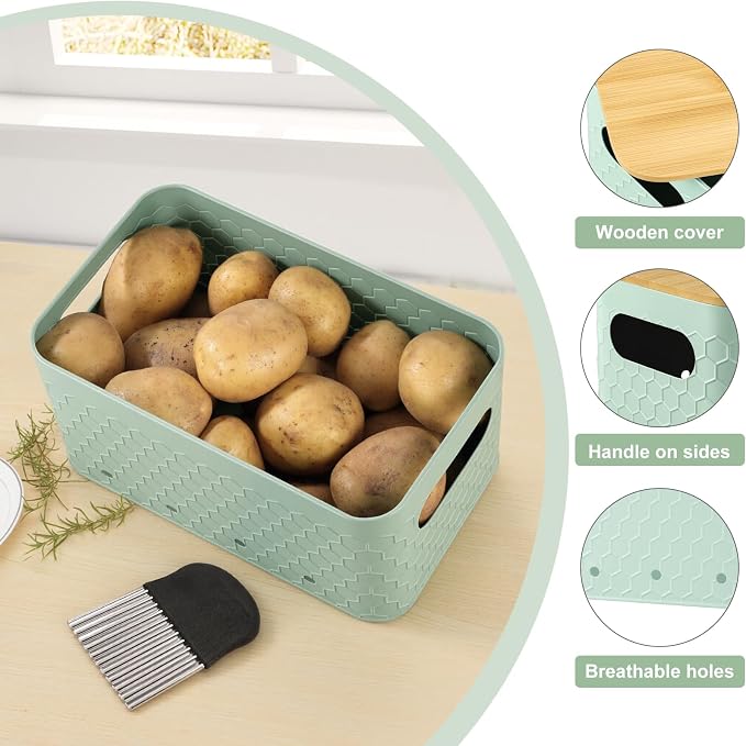 Kitchen Vegetable Storage Set of 3, Metal Onion Garlic Potato Storage Set, Kitchen Canisters Vegetable Keeper Containers with Aerating Holes and Bamboo Lid,Embossed Saga Green