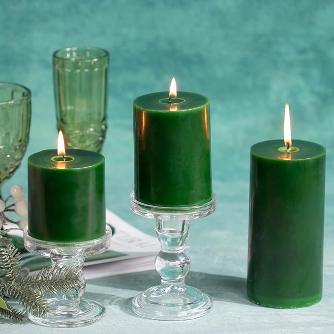 KONNI Navy Green Pillar Candles Set of 3, 3"x 6" Unscented Pillar Candles Bulk, 56 Hours Long Burning Candles, Smokeless&Dripless Large Round Candle for Wedding, Home Decoration, Parties, Spas, Dinner
