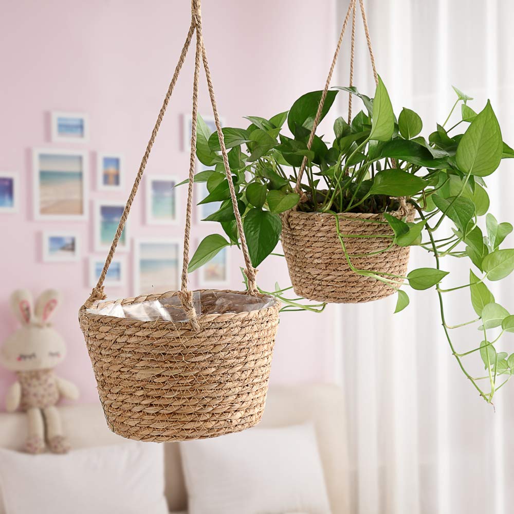 RXMORI Jute Rope Hanging Planter Basket, Rattan Woven Plant Hanger with Plastic Liner Macrame Plant Holder Storage Organizer for Plants Indoor Outdoor(Brown)