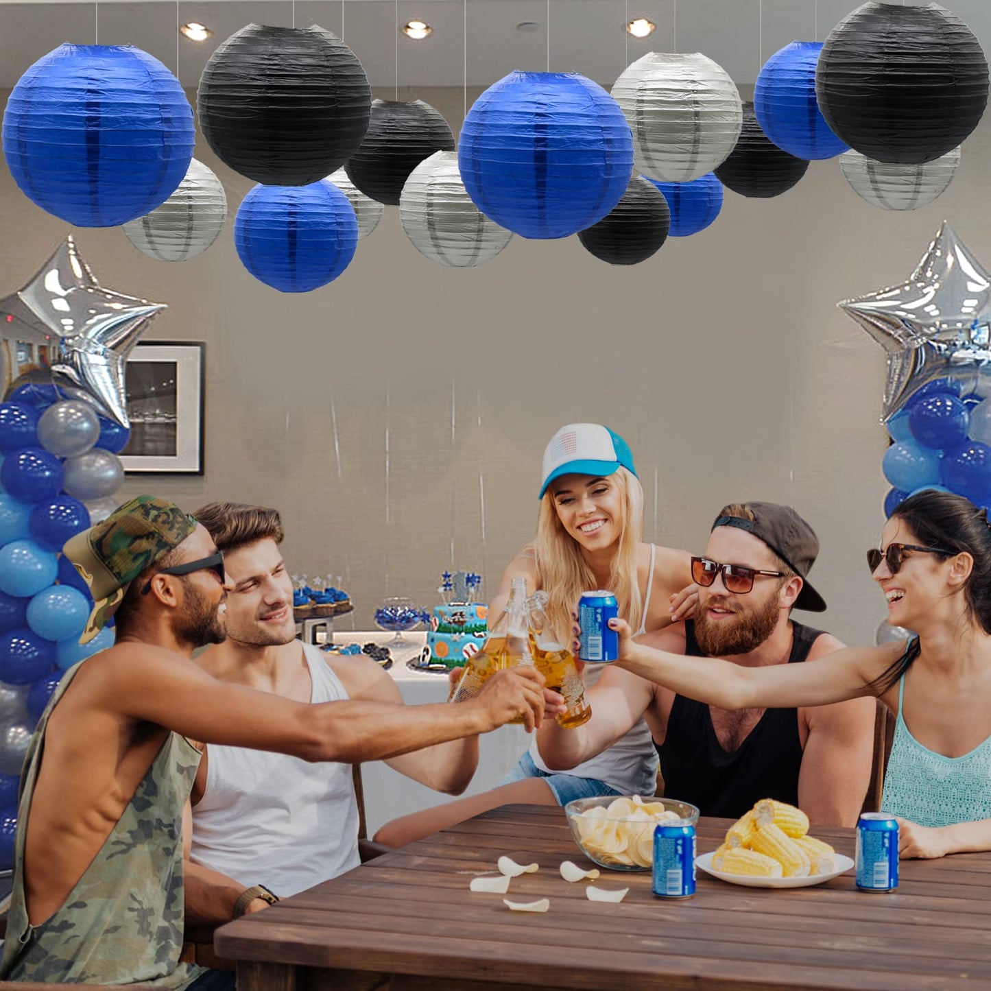 Paper Lanterns Decorative, Round Hanging Lantern for Graduation Wedding Birthday Anniversary Bachelorette Retirement Party Decorations, Navy Blue/Silver/Black 9pcs