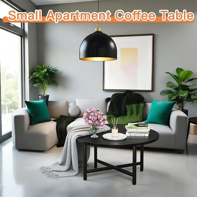 FAMIDGE Coffee Table, 23.6" Coffee Tables for Living Room, Round Coffee Table with Metal Frame, Floor Table for Sitting on The Floor, Home, Office, Black