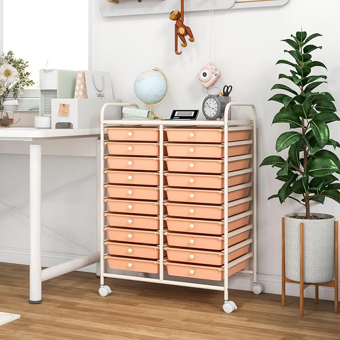COSTWAY 20-Drawer Rolling Storage Cart, Utility Storage Organizer Cart for Tools, Scrapbook, Paper, Craft, Multipurpose Storage Trolley on Wheels for Home Office School, Peach