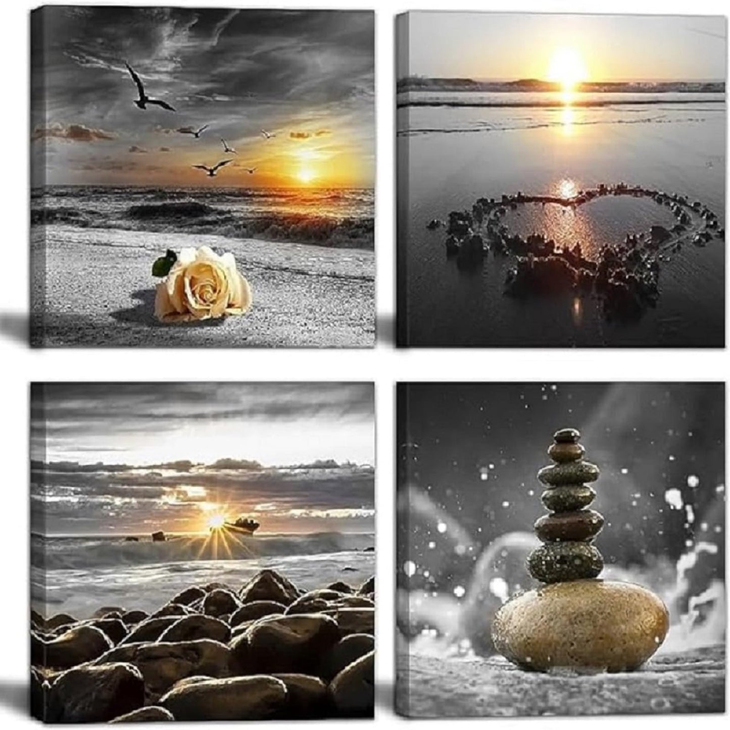 Bamdeya Beach Wall Art Canvas Zen Prints Art Black and White Wall Decor Gold Sea Sunset Seascape Wall Pictures Ocean Sunrise Love Painting for Living Room Bathroom Decor Home Decoration Framed