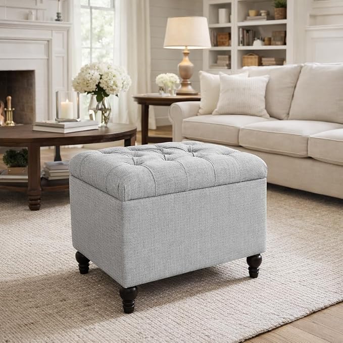 Spatial Order Home Decor | Upholstered Button Tufted Storage Ottoman | Hinged Lid Ottoman with Storage for Living Room & Bedroom | Decorative Home Furniture (Pewter Gray)