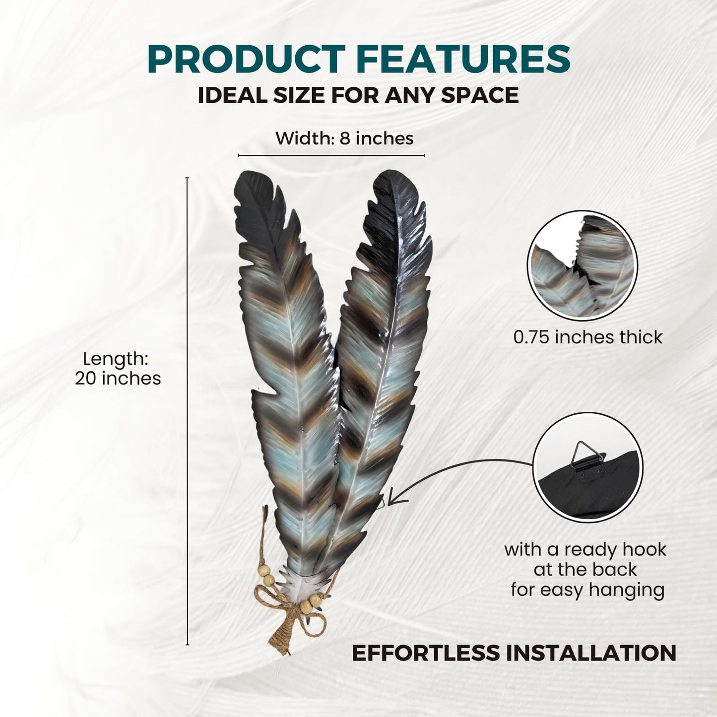 AMAJY Rustic Metal Feathers Wall Hanging Décor - Southwest Boho Chic, Rustic, Nature-Inspired, and Spiritual Home Decoration - Metal Wall Art for Living Room, Bedroom, Office - 8x20 Inches