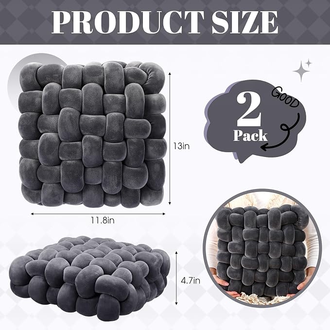 Wenqik 2 Pcs Knot Pillows Square Knotted Plush Throws Soft Accent Pillows Decoration Cushion for Couch Home Office Living Room Bedroom Bed Sofa Decor, 12'' x 13''(Dark Gray,Crystal Velvet)