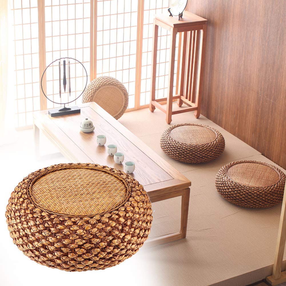 Fnskatzici Japanese Style Rattan Floor Cushion - 6.7" Thick Hand-Woven Straw Tatami Floor Pillow & Meditation Seat - Round Pouf Ottoman with Sponge Filling for Yoga, Zen Room, Balcony (15.7 Inch)
