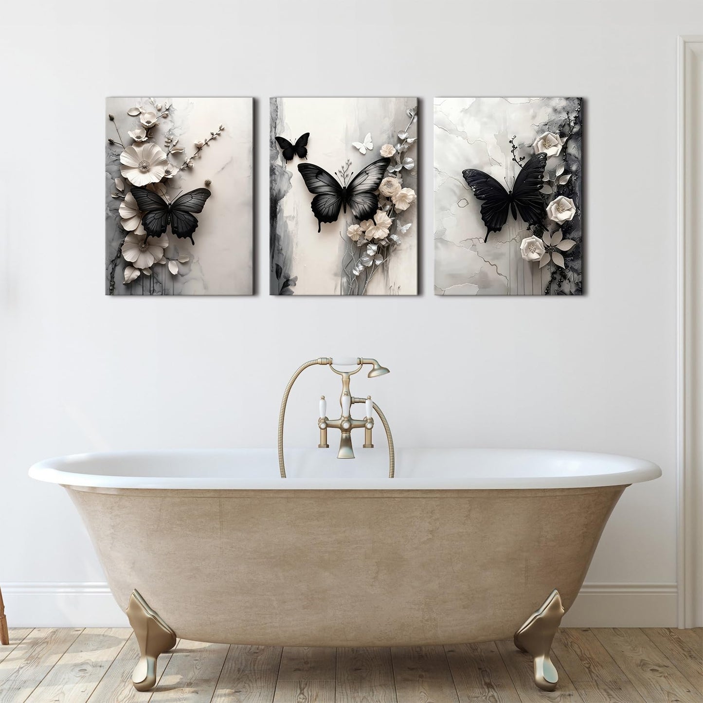 Black Butterfly Wall Art White Flowers Wall Decor Abstract Textured Floral Canvas Prints Butterfly Wildflowers Painting Poster Modern Luxury Aesthetic Canvas Artwork for Home Decorations 12x16" 3Pcs