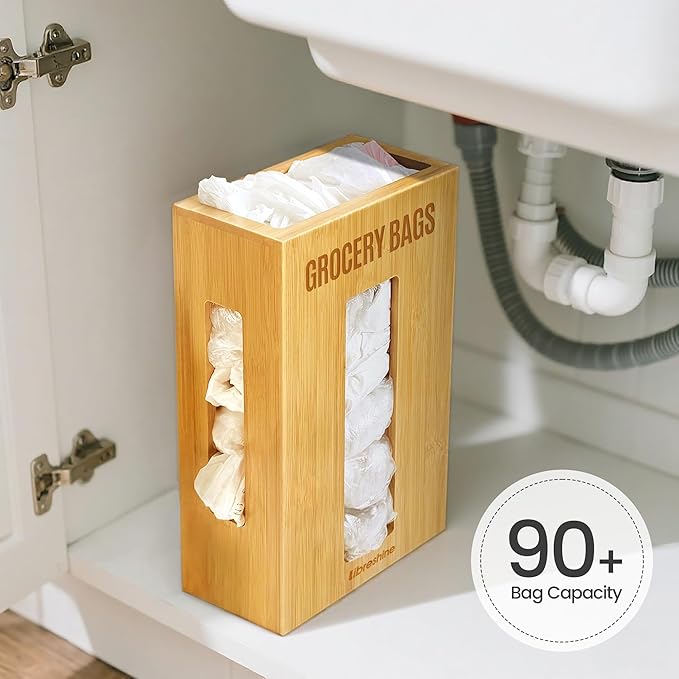 Libreshine Extra Large Bamboo Grocery Bag Holder for Plastic Bags, Under Sink Cabinet or Wall Mounted Organizer, Space-Saving Bag Dispenser for Kitchen, Pantry, Laundry Room, Garage