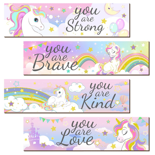 Geetery 4 Pcs Unicorn Rainbow Women Room Wall Decor Unicorn Bedroom Decor Rainbow Wooden Hanging Sign Inspirational Room Wall Art for Women Men Bedroom Nursery Decorations