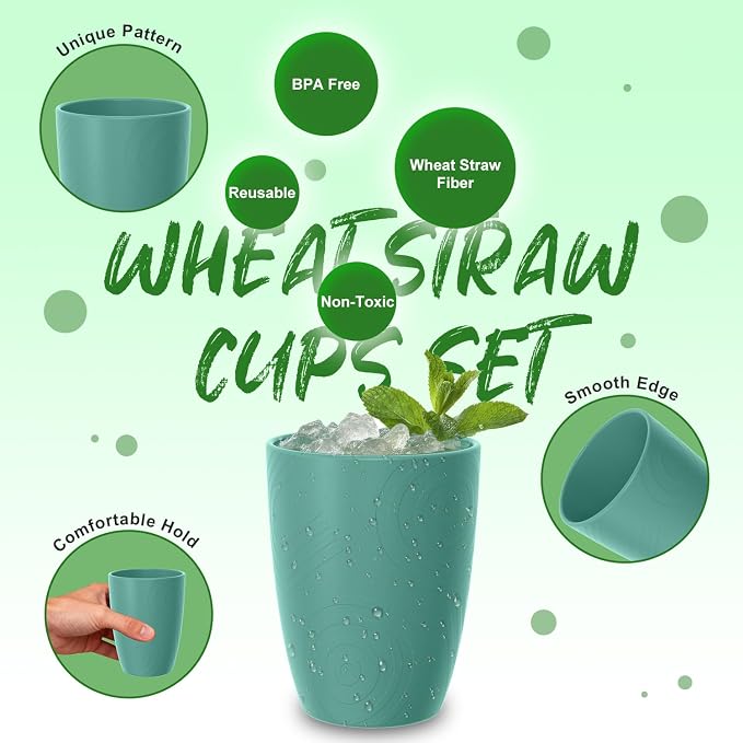 Wheat Straw Plastic Cups Set 6 PCS, 12 OZ Unbreakable Reusable Plastic Cups, Dishwasher Safe Kids Drinking Cups for Indoor and Outdoor Use, Green