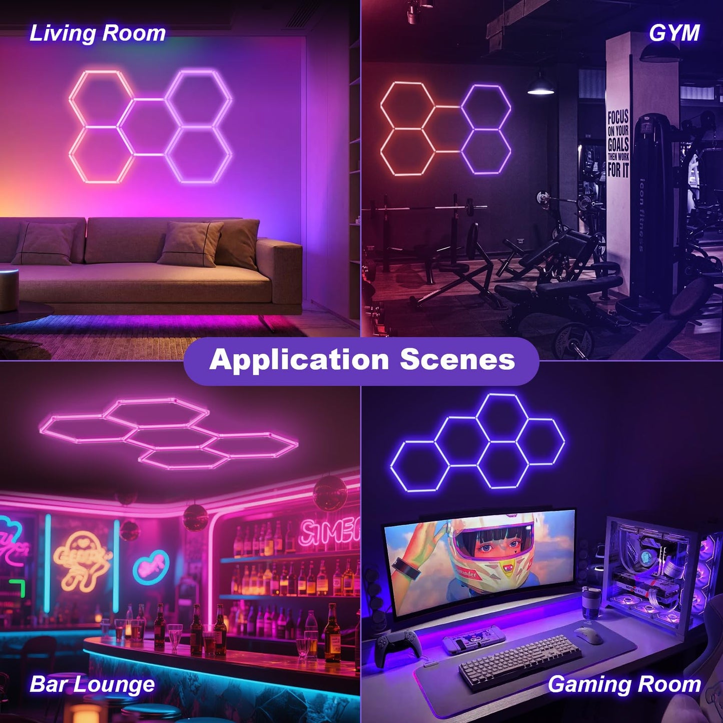 Hexagon LED Lights RGB，Hexagon Garage Lights Color Changing, Dimmable Linkable DIY with Music Sync, Adjustable Speed Hex Lighting for Gaming Room, Bar Club, Home Party, Gym (5 hex)