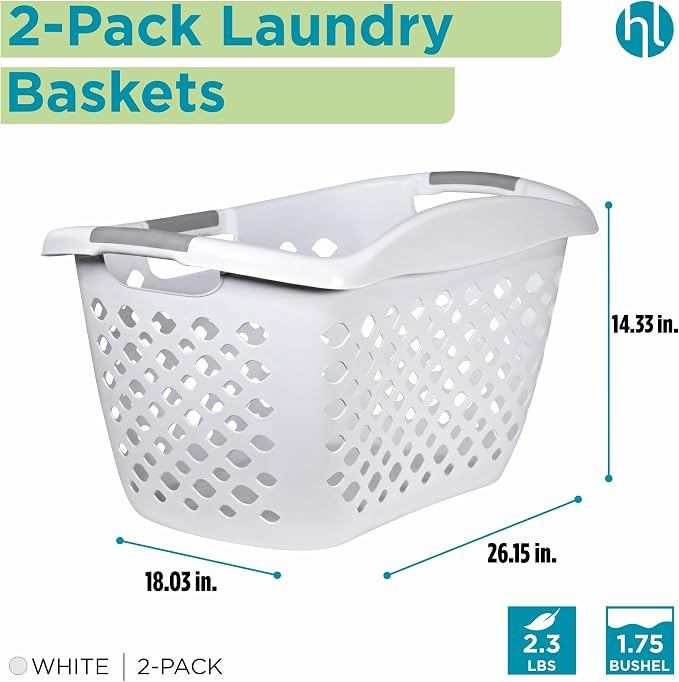 Home Logic 1.75 Bushel Plastic Laundry Basket with Hip Grip, Large Laundry Hamper with Handles, Ventilated Clothes Organizer for Bedroom Bathroom Closet, 2 Pack, White