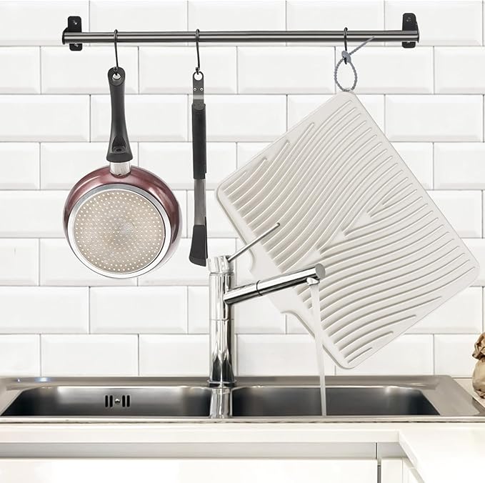 TIKNIK Silicone Dish Drying Mat for Kitchen Counter, Dish Drying Pad, Non-Slip Drain Pad with Built-in Drain, Heat Resistant Stone Drying Mat(16" x 12", Cream)