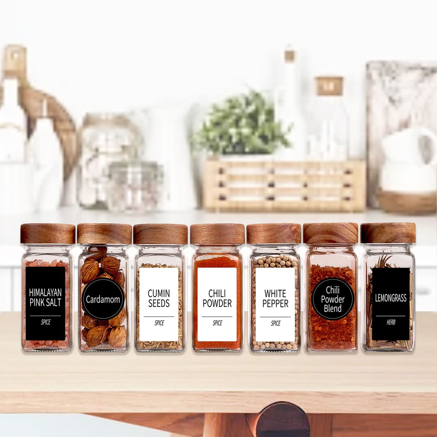 Churboro 36 Glass Spice Jars with 547 Labels with Shaker Lids - 4 Oz Square Spice Containers with Acacia Wood Lids, Chalk Pen, Funnel Seasoning Jars for Spice Rack, Cabinet, or Drawer