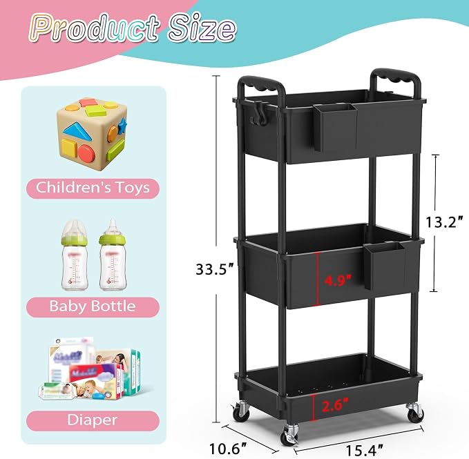 SUNALLY Baby Diaper Caddy Cart, 3 Tier Rolling Diaper Cart with Lockable Wheels for Nursery Essentials, Large Capacity & Easy Assemble Diaper Storage Organizer for Newborn,New Mom, Black