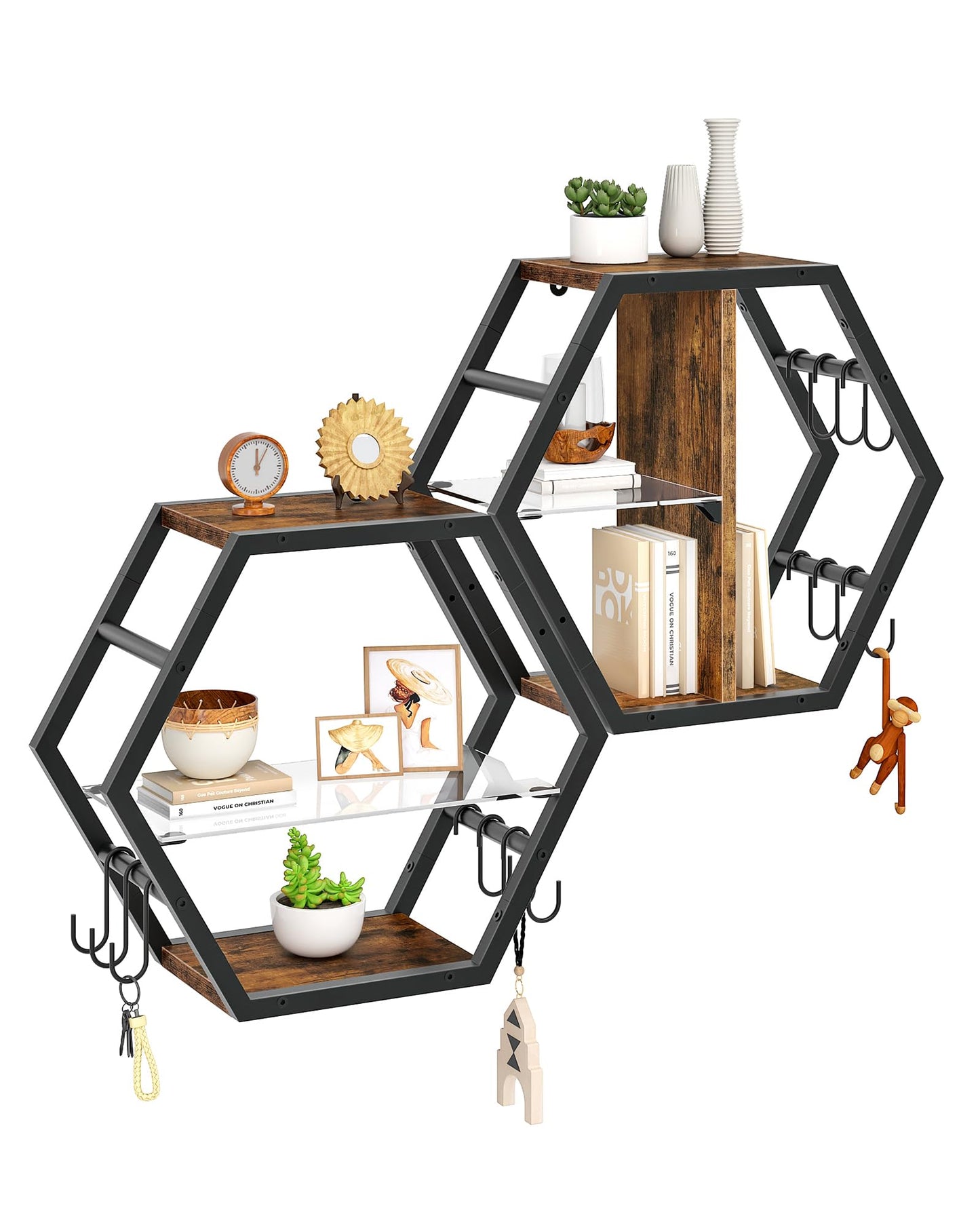 CHOEZON Hexagon Floating Shelves Set of 2, 18.9" Glass Hanging Shelves for Wall Decor, Wall Storage Rack and 12 S-Hooks, for Living Room, Bedroom, Office, Game Center, Rustic Brown TBJ08BF