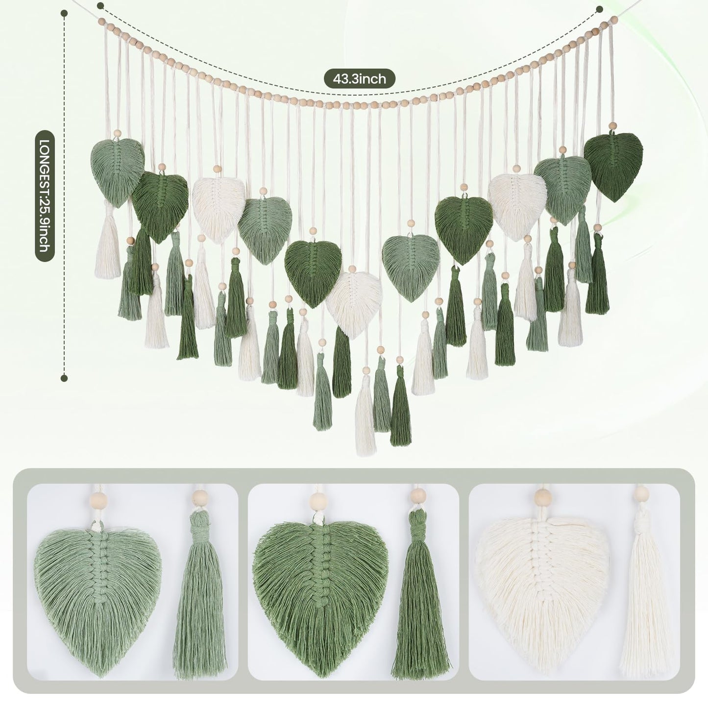 Large Macrame Wall Hanging Tapestry with Wood Bead and Leaf Wall Decor for Bedroom Living Room Nursery Apartment, Room Boho Style Decor Tapestry, 43.3" W X 25.9" L Green Tapestry