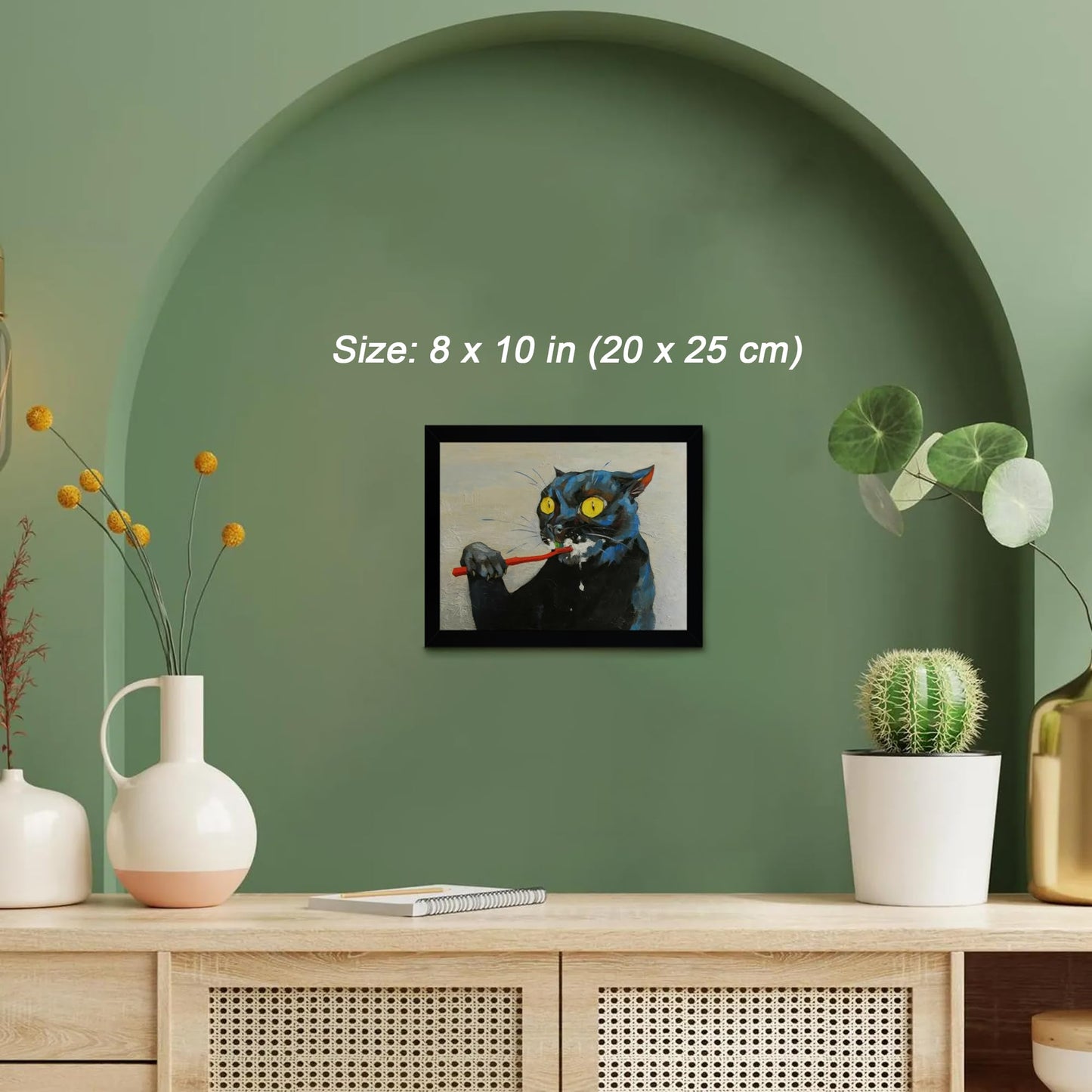 ICHZUMW Funny Black Cat Bathroom Wall Art Decor, Quirky Framed Canvas Print Painting of Cat Brushing Teeth, Humorous Animal Pictures Wall Decoration, Modern Home Artwork, Restroom Powder Room, 8x10in