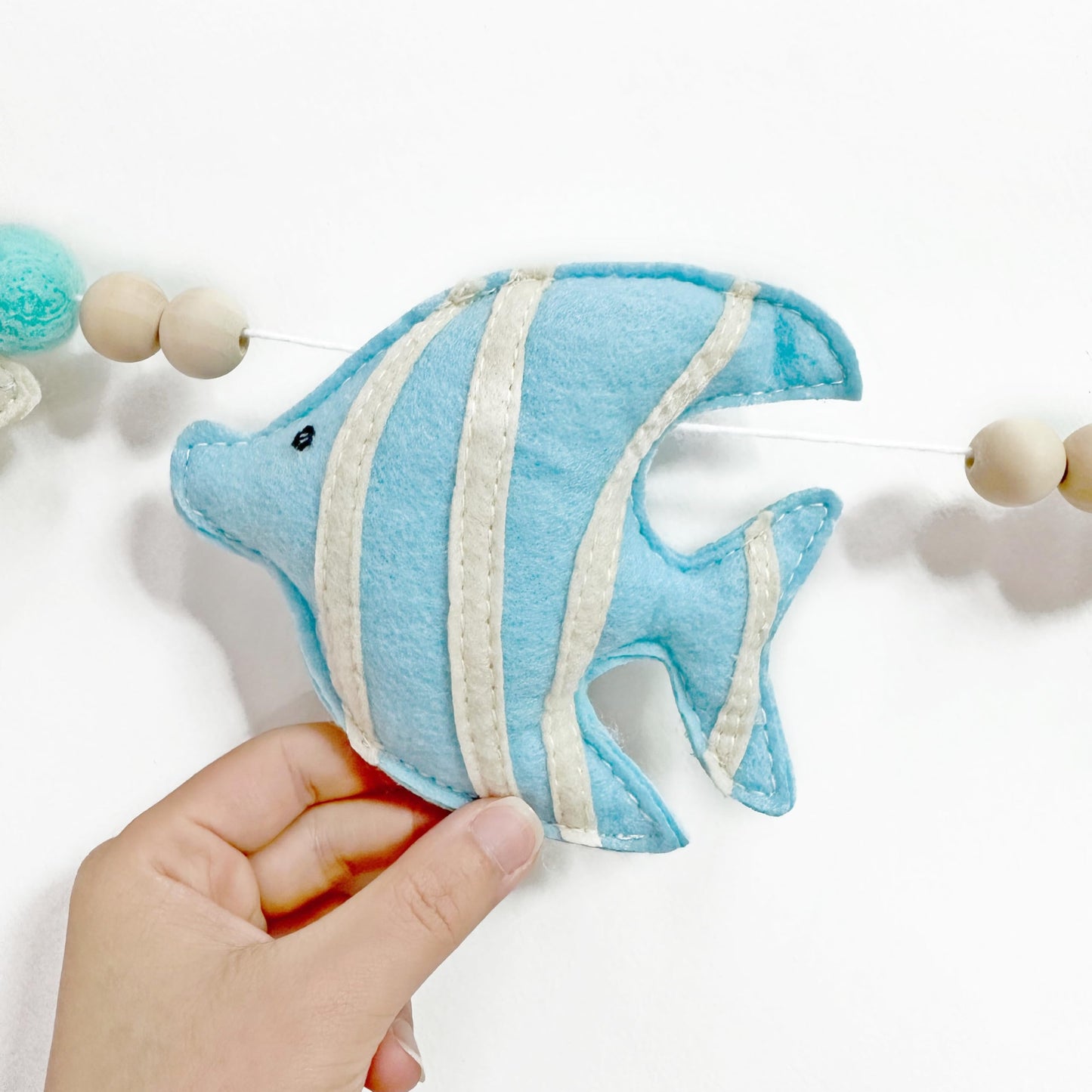 Under The Sea Decorations Pre-Strung Handmade Felt Blue Beige Ocean Fish Starfish Shell Banner Blue Aqua Wool Felt Ball Wooden Beads Tassel Garland for Ocean Beach Shell Mantle Fireplace Home Decor