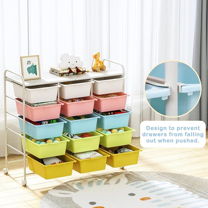 Ytaoka 15 Drawers Rolling Cart With Wheels, Plastic Storage Drawer With Metal Frame, Multipurpose Art Craft Organizer, Utility Cart for Home, Office, School, Multicolor