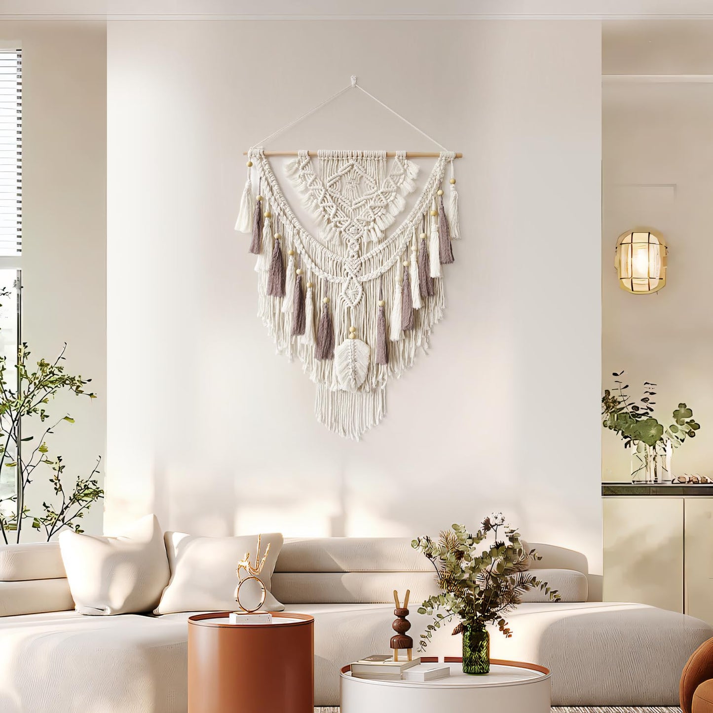 Lokeisna Macrame Wall Hanging, Woven Tapestry Beige & Dusty Rose Handmade Craft Macrame Wall Decor, Gallery & Nursery, Size 37.4” Lx27.5” W