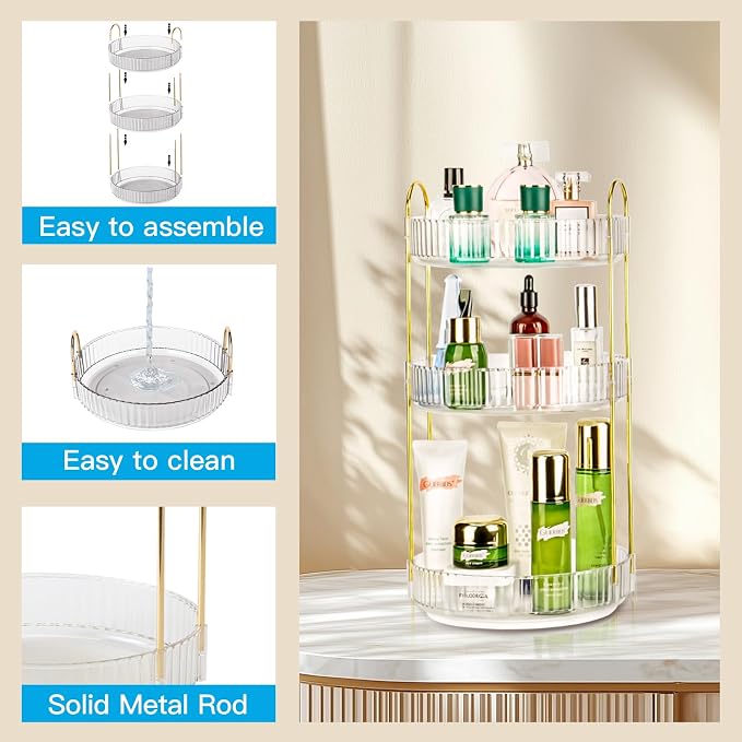 360 Rotating Makeup Organizer, 3 Tier Large Capacity Lazy Susan Bathroom Counter Organizer, Skincare Organizers, Spinning Perfume Organizer & Vanity Organizer Countertop (Golden Clear, 3 Tier)